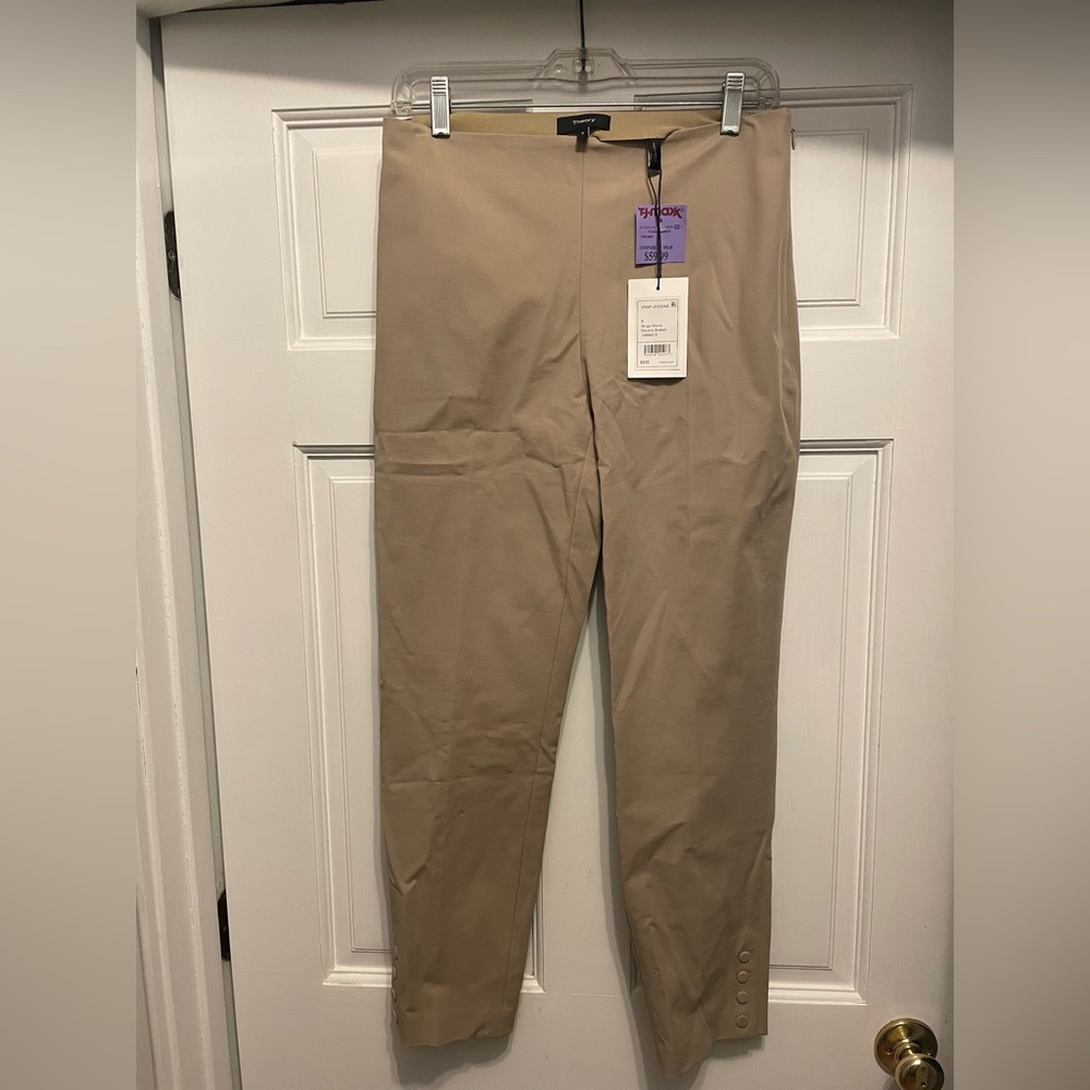 Theory tan work pants button detail, side zipper, new with tags size 8